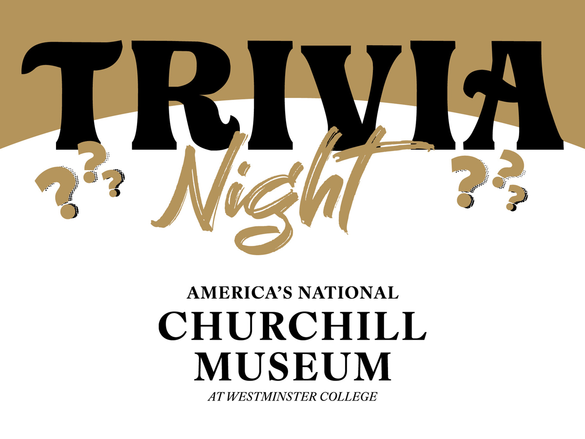 Trivia Night poster for America's National Churchill Museum, featuring large text and question marks.