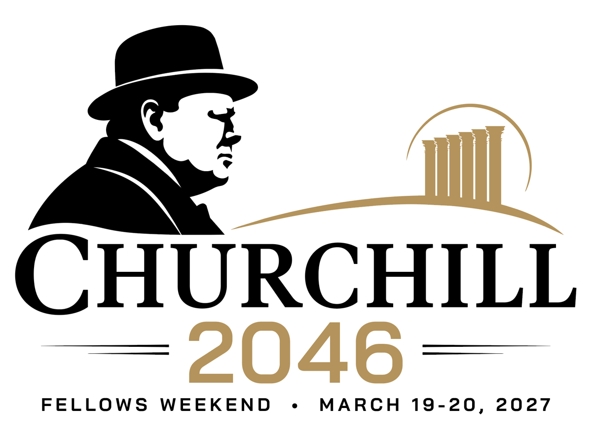 Winston Churchill 2046 Fellows Weekend logo featuring Churchill's silhouette, columns, and event dates.