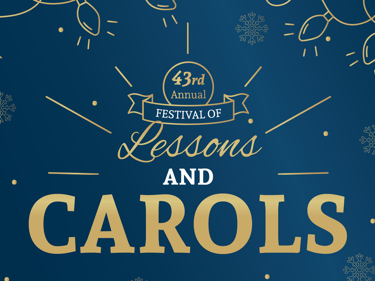Festive logo for the 43rd Annual Festival of Lessons and Carols with gold text on blue background.