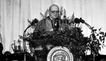 (Winston Churchill delivers his Sinews of Peace speech. Source: George Skadding—The LIFE Picture Collection/Getty)