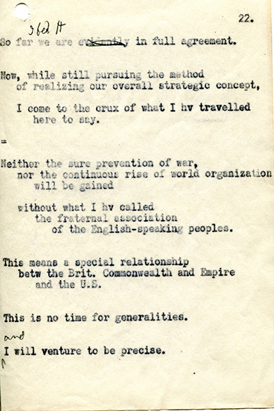 page 22 of Churchill's typed draft of Sinews of Peace speech