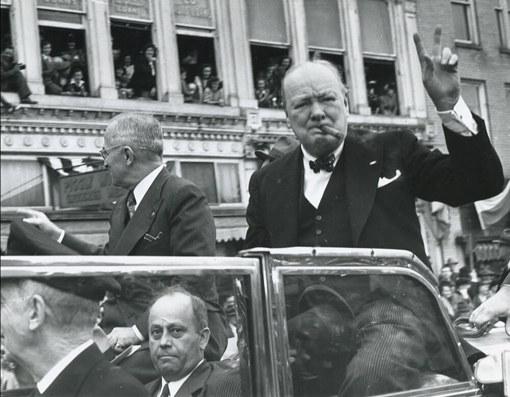 Churchill, Truman, Westminster Pres McCluer (below) greet crowds during parade