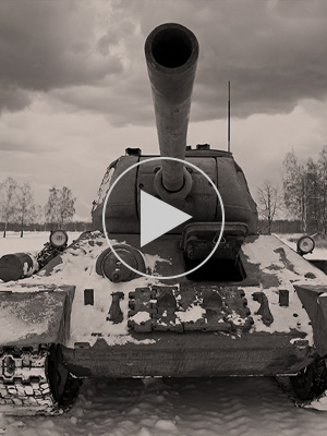 Tank on the battlefield with ominous clouds above